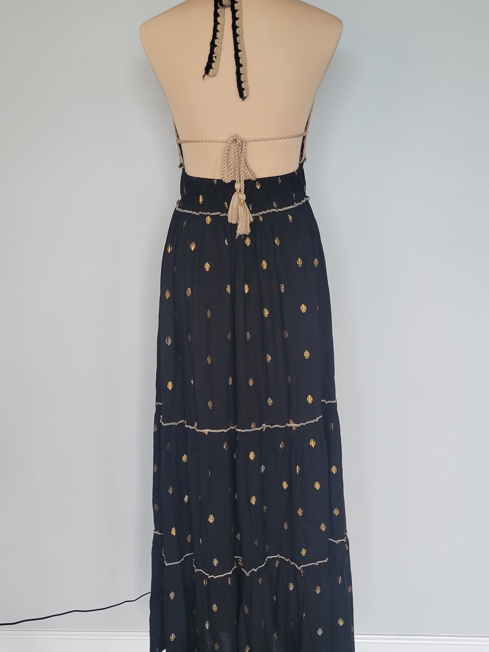 NWT Crochet Boho Coquette Bohemian Black Gold Tiered Maxi Dress Sz Large/XL - Picture 11 of 16